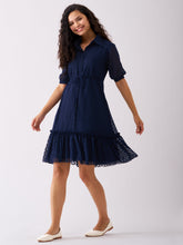 Navy Blue Chiffon Brasso Swiss Dot Point Collar Dress